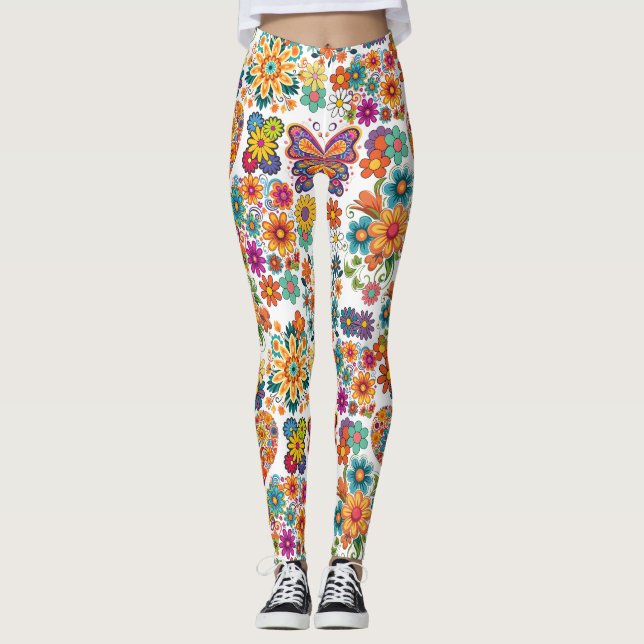 Retro colourful flowers pattern. No BG Leggings (Front)
