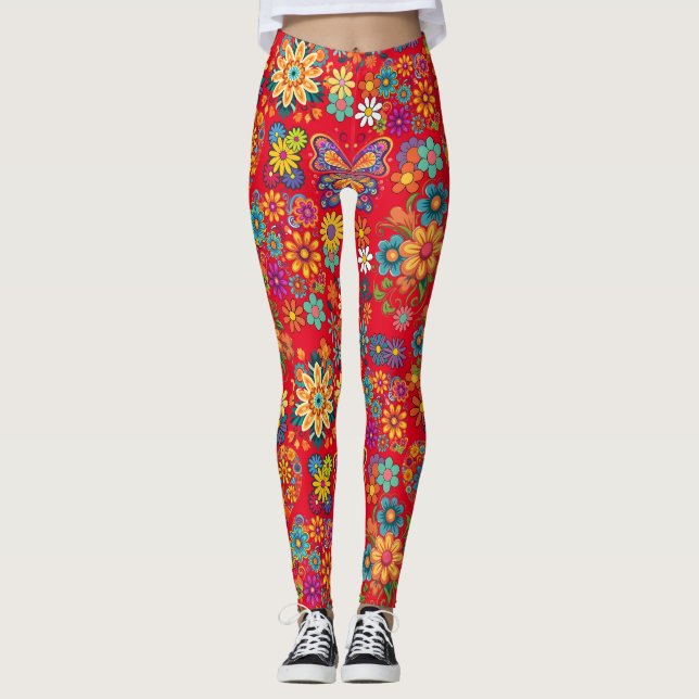 Retro colourful flowers pattern. Red BG Leggings (Front)