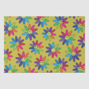Retro   colourful flowers with happy faces pattern tissue paper