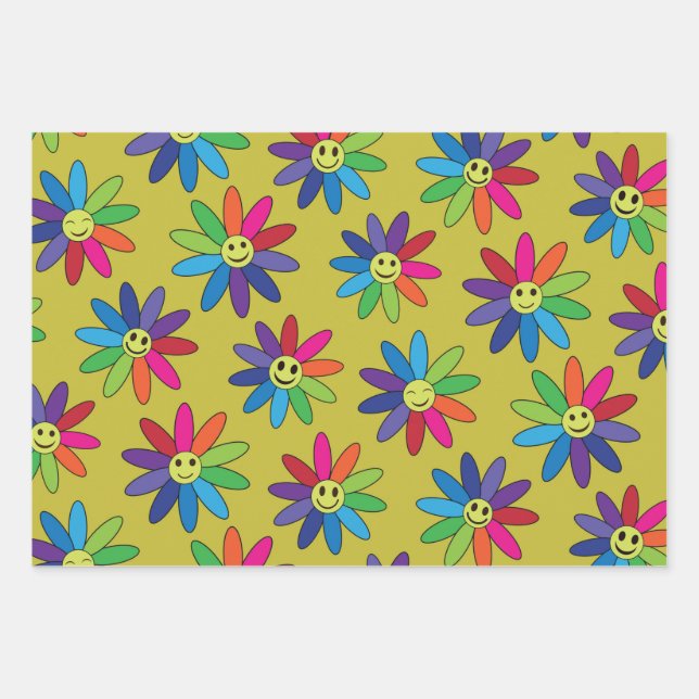 Retro   colourful flowers with happy faces pattern wrapping paper sheet (Front)