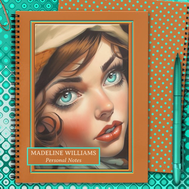 Retro Colourful Girly Illustration Notebook (Notebook featuring a fun girly retro illustration on the front & an orange turquoise polka dot back)