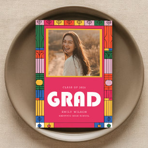 Retro Colourful Grad Photo Graduation Invitation Postcard
