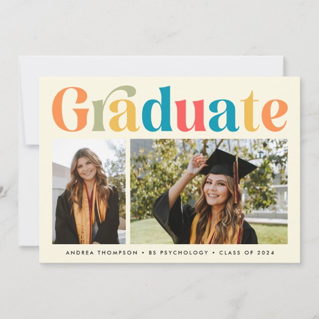 Retro Colourful Graduate Two Photo Graduation Announcement (Front)