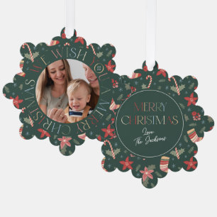 Retro Colourful Green Christmas Floral Photo Tree Decoration Card