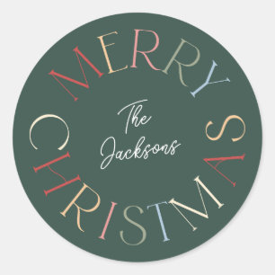 Retro Colourful Green Merry Christmas Classic Round Sticker