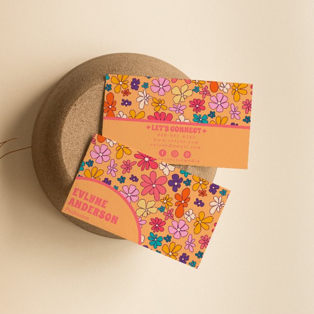 Retro Colourful Groovy Floral Boho Girly Trendy Business Card (Creator Uploaded)