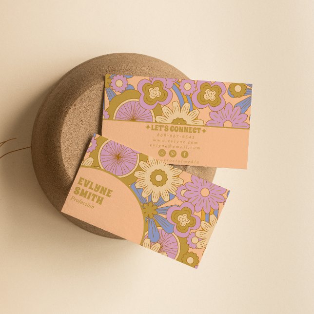 Retro Colourful Groovy Floral Boho Girly Trendy Business Card (Creator Uploaded)