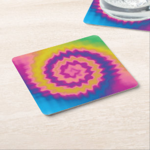 Retro colourful groovy funky tie dye pattern fun square paper coaster
