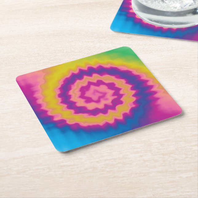 Retro colourful groovy funky tie dye pattern fun square paper coaster (Angled)
