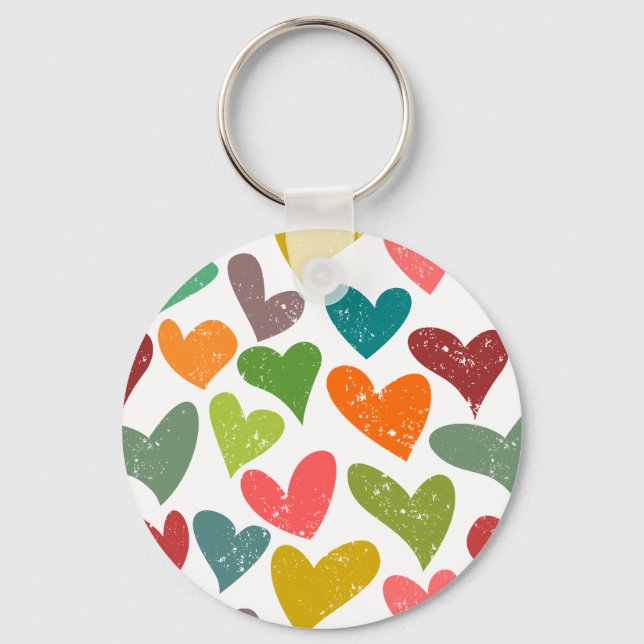 Retro Colourful Groovy Valentine Hearts Pattern Key Ring (Front)
