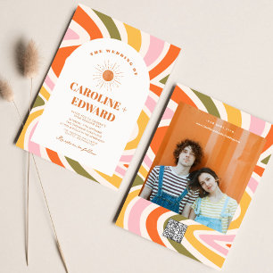 Retro Colourful Groovy Wavy Boho Wedding Qr Code  Invitation