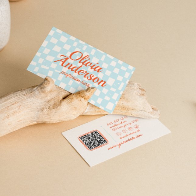 Retro Colourful Hand Drawn Chequered Groovy QR Cod Business Card (Creator Uploaded)