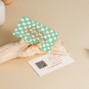 Retro Colourful Hand Drawn Chequered Groovy QR Cod Business Card