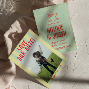 Retro Colourful Hand Drawn Pastel Fun Photo Weddin Save The Date