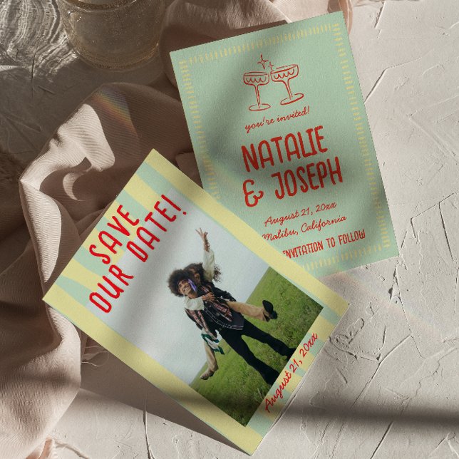 Retro Colourful Hand Drawn Pastel Fun Photo Weddin Save The Date (Creator Uploaded)