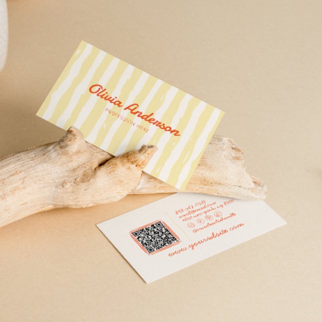 Retro Colourful Hand Drawn Stripped Groovy QR Code Business Card (Creator Uploaded)