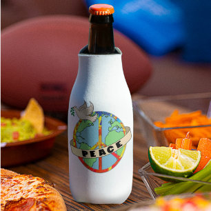 Retro Colourful Hand Drawn World Peace with Dove Bottle Cooler