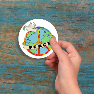 Retro Colourful Hand Drawn World Peace with Dove Classic Round Sticker