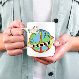 Retro Colourful Hand Drawn World Peace with Dove Coffee Mug