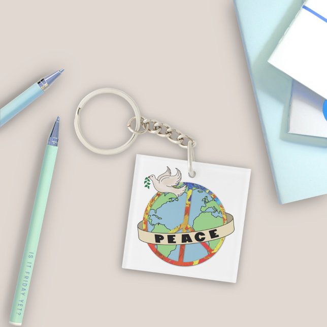 Retro Colourful Hand Drawn World Peace with Dove Key Ring (Creator Uploaded)