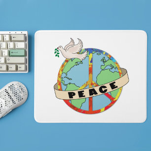 Retro Colourful Hand Drawn World Peace with Dove Mouse Mat