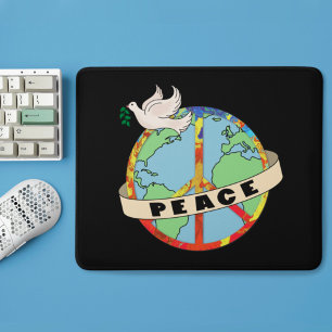 Retro Colourful Hand Drawn World Peace with Dove Mouse Mat