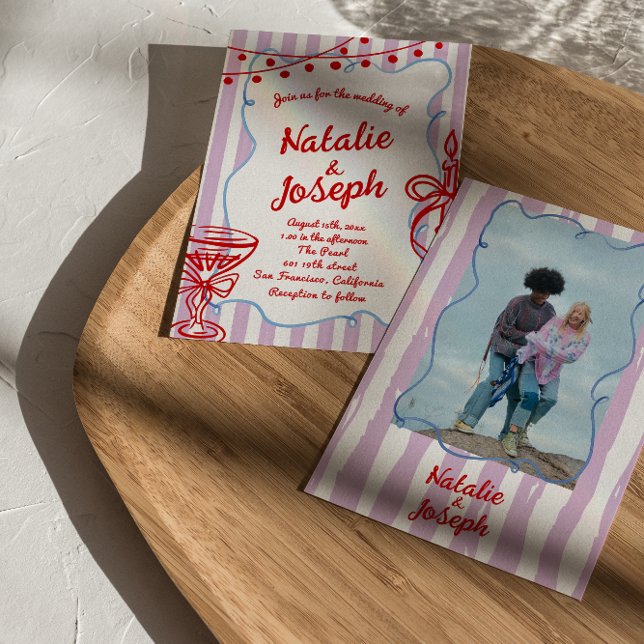 Retro Colourful Hand Drawn Written Photo Wedding Invitation (Creator Uploaded)