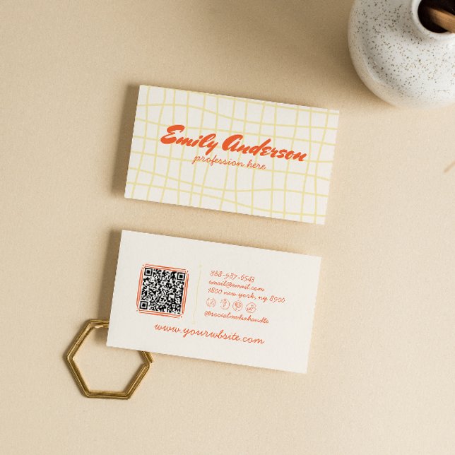Retro Colourful Hand Written Drawn Groovy QR Code Business Card (Creator Uploaded)