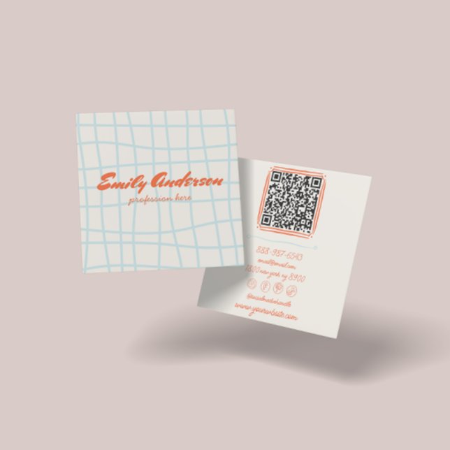 Retro Colourful Hand Written Drawn Groovy QR Code Square Business Card (Creator Uploaded)