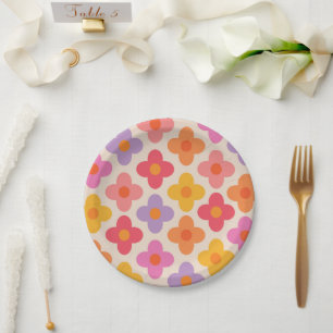 Retro Colourful Hippie Mod Flowers Pattern  Paper Plate