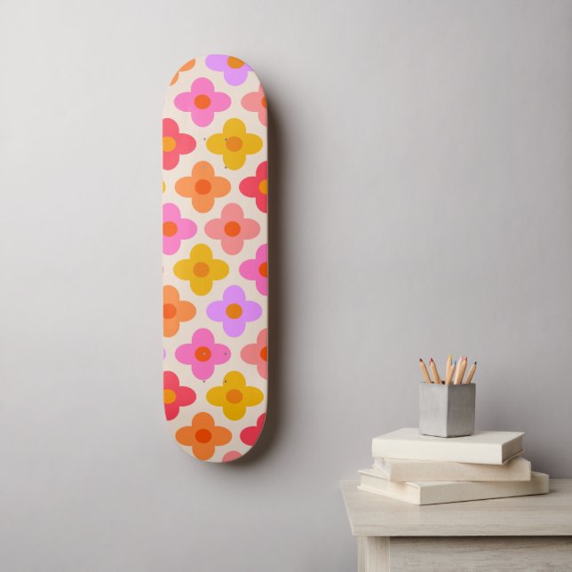 Retro Colourful Hippie Mod Flowers Pattern  Skateboard (Wall Art)