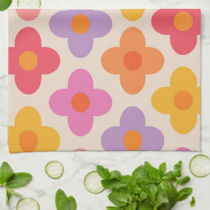 Retro Colourful Hippie Mod Flowers Pattern  Tea Towel