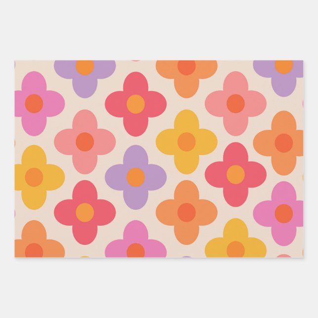 Retro Colourful Hippie Mod Flowers Pattern  Wrapping Paper Sheet (Front)