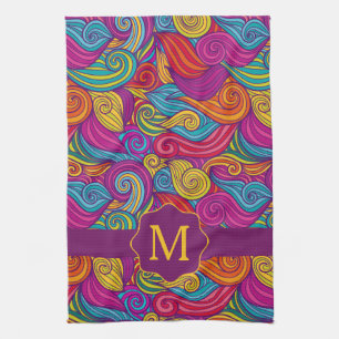 Retro Colourful Jewel Tone Swirly Wave Pattern Tea Towel