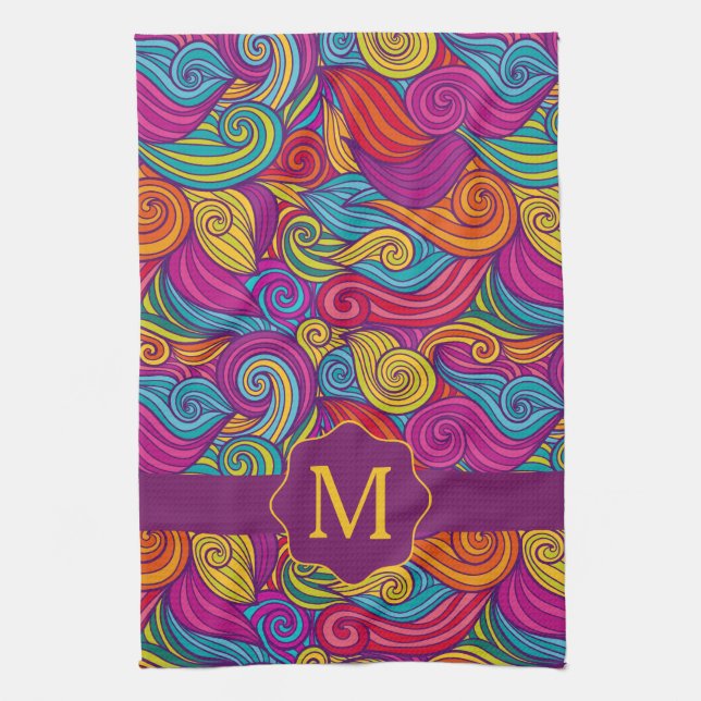 Retro Colourful Jewel Tone Swirly Wave Pattern Tea Towel (Vertical)