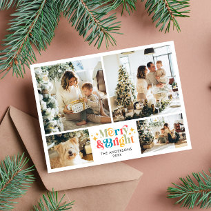 Retro Colourful Merry and Bright 4 Photo Christmas Holiday Postcard