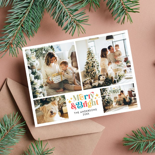 Retro Colourful Merry and Bright 4 Photo Christmas Holiday Postcard (Creator Uploaded)