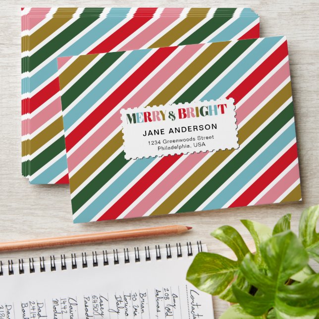 Retro Colourful Merry and Bright Christmas Stripes Envelope (Stacked)