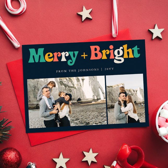 Retro Colourful Merry & Bright 3 Photo Christmas Holiday Card (Creator Uploaded)
