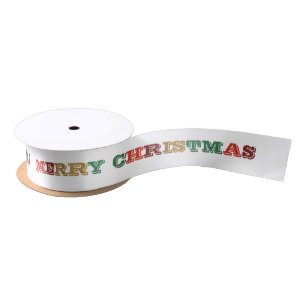 Retro Colourful  Merry Christmas Inscription Satin Ribbon