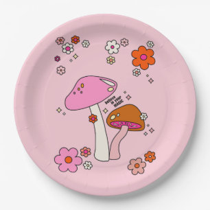 Retro Colourful Mushrooms And Flowers Pink Paper Plate
