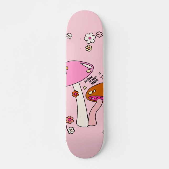 Retro Colourful Mushrooms And Flowers Pink Skateboard (Front)