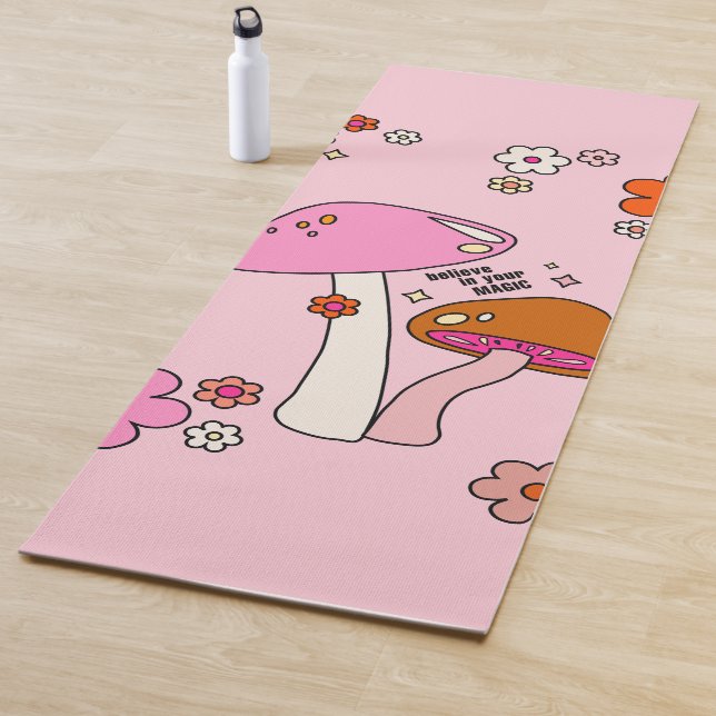 Retro Colourful Mushrooms And Flowers Pink Yoga Mat (In Situ)
