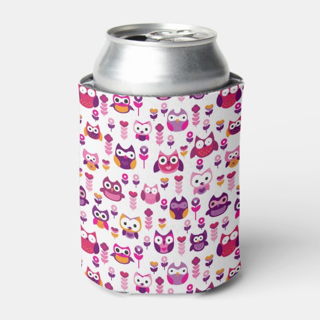 retro colourful owl bird pattern can cooler (Can Front)