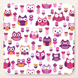 retro colourful owl bird pattern square paper coaster