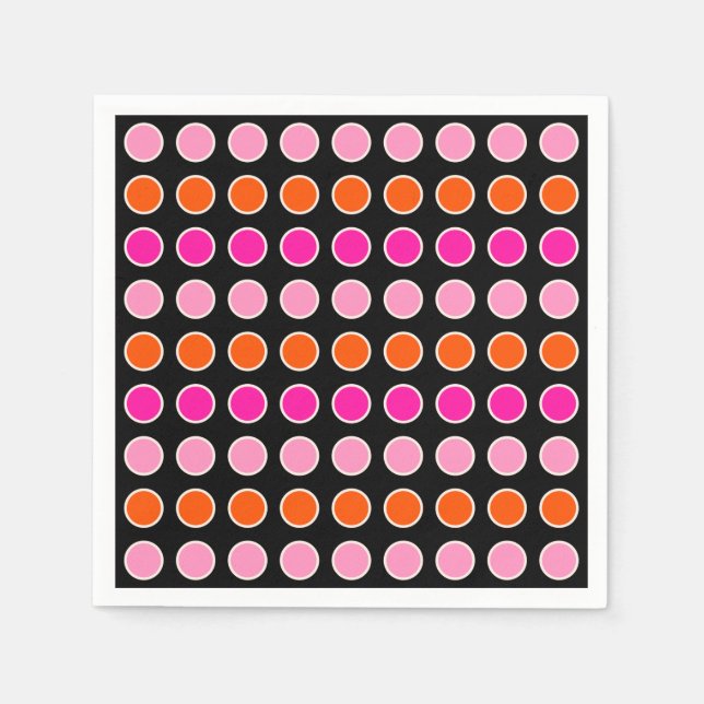 Retro Colourful Polka Dots Black Pink And Orange Napkin (Front)