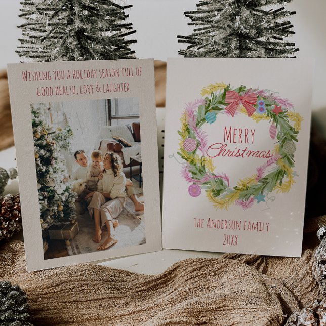 Retro Colourful Quirky Green Christmas Bow Wreath Holiday Card (Creator Uploaded)