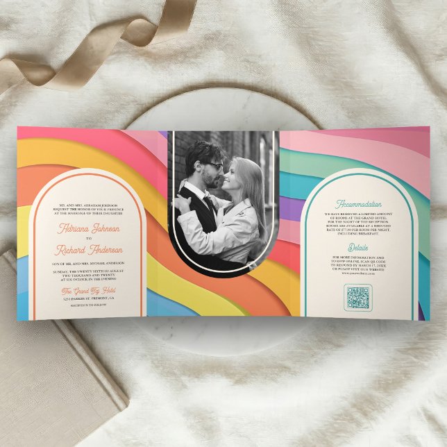Retro Colourful Rainbow Arch Photo QR Code Wedding Tri-Fold Invitation (Creator Uploaded)