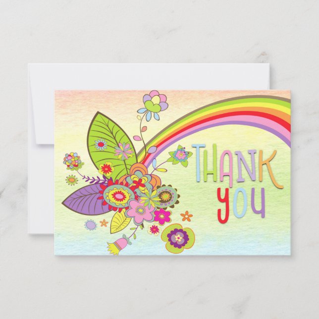 Retro Colourful Rainbow Flowers Message Thank You Card (Front)