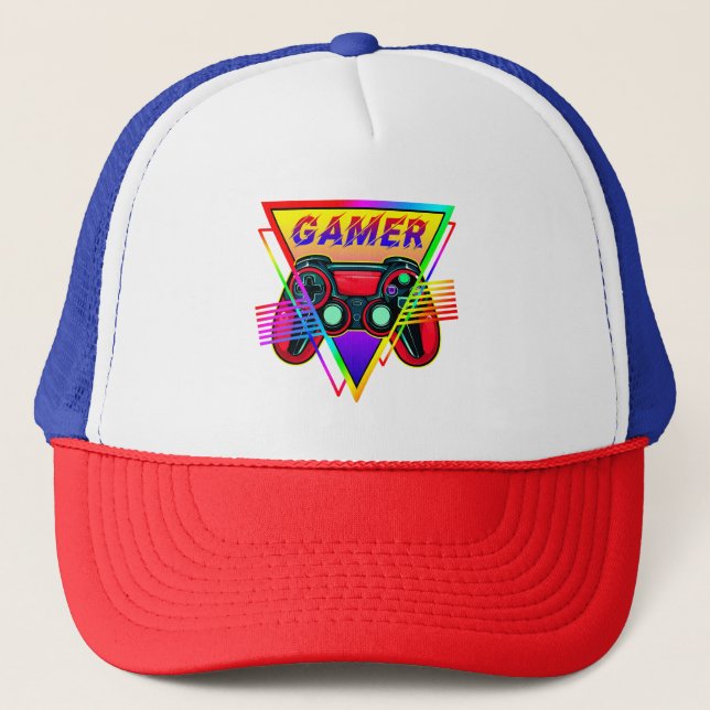 Retro Colourful Rainbow Gamer Computer Gaming  Trucker Hat (Front)
